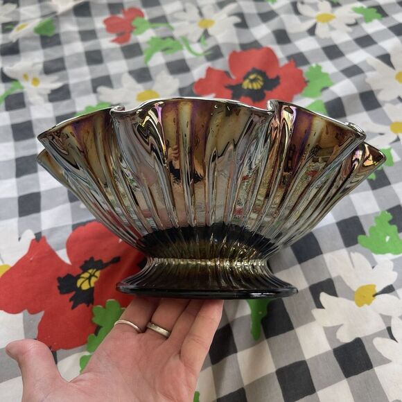 FENTON HEARTS & FLOWERS AMETHYST CARNIVAL GLASS Medallion Fruit Bowl pedestal - Picture 3 of 13